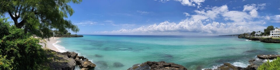 Obraz premium Tropical beach panorama with clear blue skies and calm waters