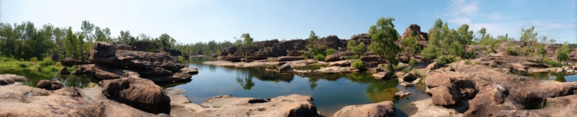 Panoramic view of rocky landscape and tranquil river with vegetation