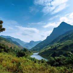 Naklejka premium Serene mountain landscape with river and lush greenery