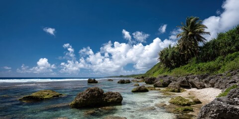 Tropical island beach: clear waters, rocky shore, lush greenery, blue sky and palm trees