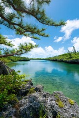 Fototapeta premium Tranquil lake landscape with lush greenery and clear blue sky under pine tree shade