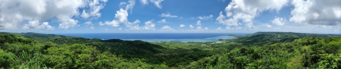 Fototapeta premium Panoramic view of tropical landscape with lush greenery and blue ocean under cloudy sky