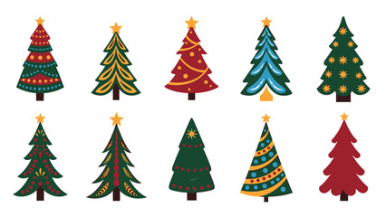Obraz premium Christmas Trees Collection Decorated Vector Illustration Isolated on White Background