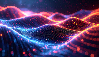 Digital Waveform: An abstract, neon-lit digital waveform pulses with energy, its vibrant lines dancing across the frame, showcasing the dynamic flow of data.