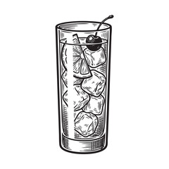 Highball Cocktail Glass with Ice and Cherry Sketch