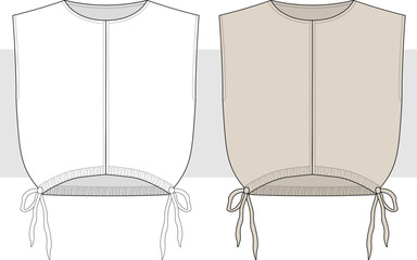 Women's sleeveless blouse, T-shirt with gathered waist detail. Crop top vector. CAD, Mockup Set.