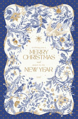 Vector illustation. Winter holidays. Botanical vintage vertical frame. Greeting card. Blue, white and gold