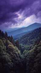 Dramatic Purple Storm Clouds Over Mountain Forest Valley.