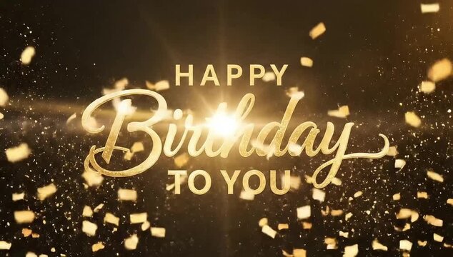 Elegant golden confetti falls on a dark background with glowing bokeh lights and a sparkling 'happy birthday to you' text animation