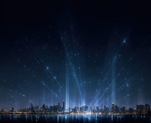 City skyline at night with glowing digital network lines above water.