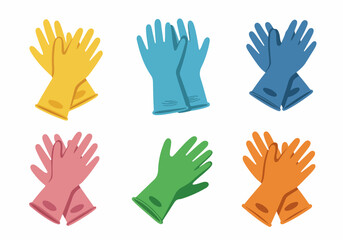 Obraz premium Colorful collection of rubber cleaning gloves vector illustration set for house chores, hygiene, and kitchen safety isolated on white background.