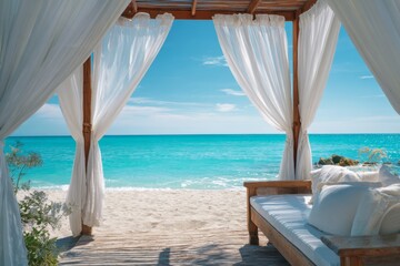 Obraz premium Open beach cabana with white curtains flowing gently in the sea breeze, framing a turquoise ocean view.