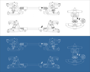Multiview Orthographic Technical Drawing of Car Front Double Wishbone Suspension and Steering Rack on White and Blueprint Background