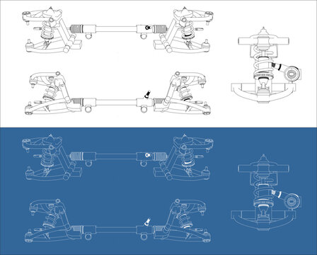 Multiview Orthographic Technical Drawing of Car Front Double Wishbone Suspension and Steering Rack on White and Blueprint Background