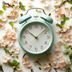  Mint green alarm clock surrounded by delicate pink spring blossoms and green leaves on a white surface