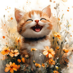 Joyful ginger kitten laughing with open mouth surrounded by vibrant orange blossoms