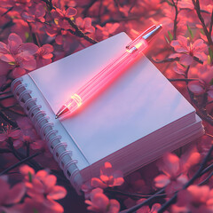  Glowing pen resting on a blank spiral notebook surrounded by blooming pink flowers in springtime