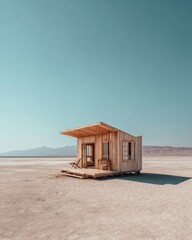 Obraz premium Minimalist wooden cabin standing alone in a vast open desert landscape under a clear blue sky.