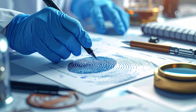 Forensic Examination: Detailed close-up of a forensic expert meticulously analyzing a fingerprint. Capturing a moment of scientific precision in a crime lab.