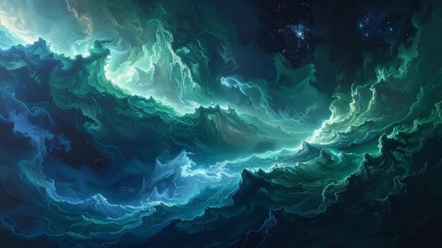 Dark cosmic ambience with jade and indigo fog layers flowing diagonally in luminous horizon