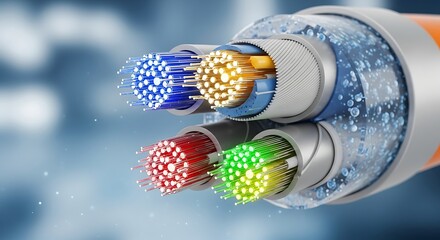 Detailed view of a cut fiber optic cable showing internal strands
