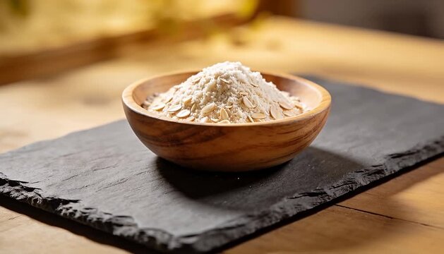 Healthy baking ingredient, oat flour and flakes in a rustic wooden bowl on a slate surface, oatmeal.