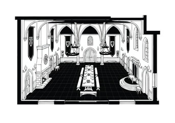 Grand Medieval Hall Interior Sketch Historic Banquet Dining Room layout architecture interior design icons exclusive