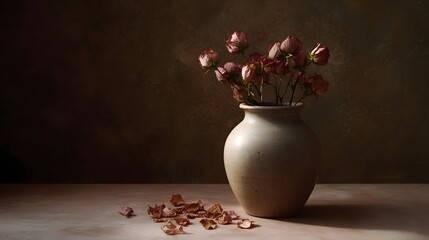 Dried pink roses in a vintage ceramic vase with scattered petals evoking a somber mood