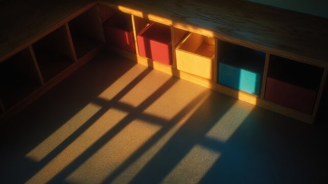 Sunlit Cubby Shadows: A play of light and shadow dances across the interior of a neatly arranged cubby shelf, illuminating colorful boxes. It represents a scene of quiet order and creative activity.