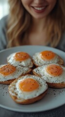A woman is holding a plate with five egg sandwiches. The sandwiches are topped with cheese and pepper. The woman is smiling and she is enjoying her meal