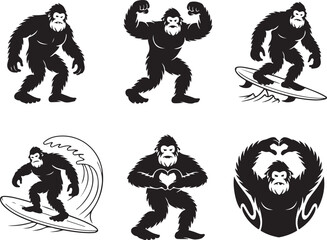 Bigfoot icons set for surfing and love