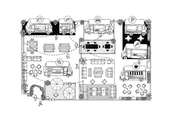 Urban Outdoor Dining Village Blueprint Food Truck Gathering Plan layout architecture interior design icons exclusive