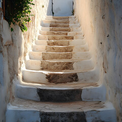  Ancient weathered stone steps leading upwards between white textured walls and green foliage