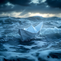  Small White Paper Boat Navigating Rough Turbulent Ocean Waves Under Dark Overcast Sky