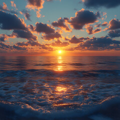  Golden sun setting over calm ocean horizon with vibrant clouds reflecting on water surface
