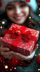 A woman is holding a red box with a bow on top of it. She is smiling and she is happy. Concept of joy and excitement, likely related to the gift inside the box