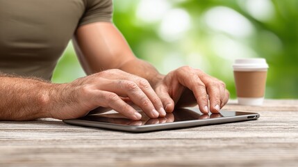 Man interacting with digital tablet device on rustic wooden table surface indoors