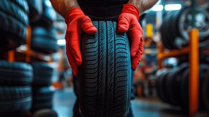 A person wearing red gloves holds a tire in a workshop filled with stacked tires, emphasizing tire maintenance and automotive care.