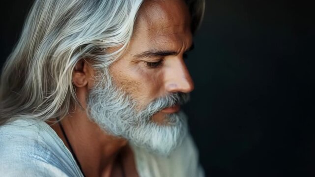 Portrait of a man with long hair and beard looking directly at the camera while wearing a simple white shirt