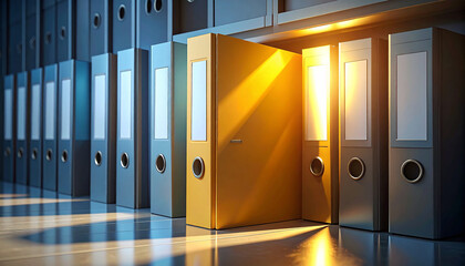 Illuminated Record Keeping: A striking close-up of organized file folders in a corporate office setting, a single folder is illuminated, conveying a sense of order, efficiency, and importance.