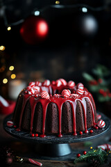 Christmas chocolate bundt cake topped with red icing and decorated with peppermint candy, styled for a festive holiday atmosphere. Perfect for commercial use in food, lifestyle, and seasonal marketing