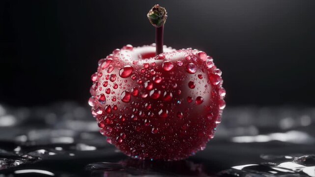 Close-up of a red apple covered in water droplets on a wet surface against a dark background with cinematic lighting.