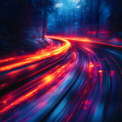  Dynamic curving highway with vibrant light trails at night through a blurred deep forest
