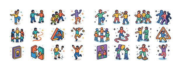 Colorful illustrations of diverse characters engaging in fun and