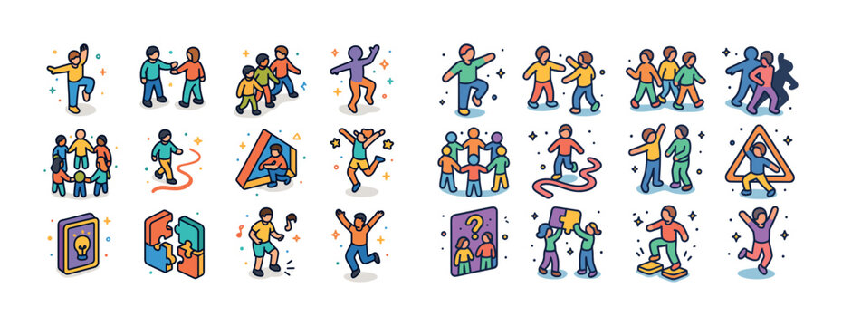 Colorful illustrations of diverse characters engaging in fun and - Powered by Adobe