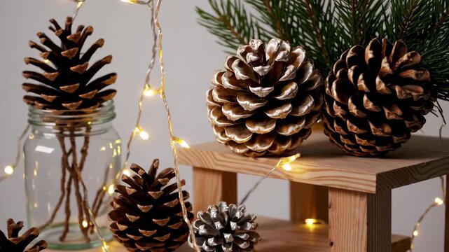 Festive pinecone arrangement with twinkling lights and rustic decor transitions
