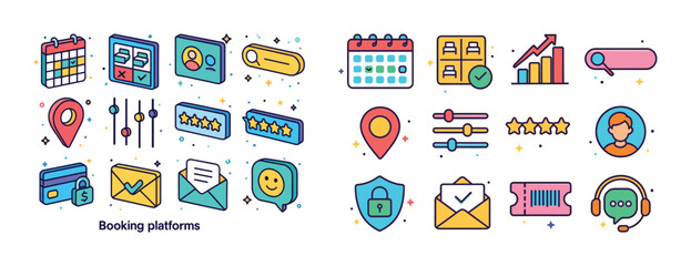 Colorful booking platform icons including calendar, stars, and c
