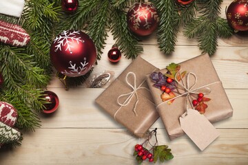 Beautiful gift box with ribbon on desk