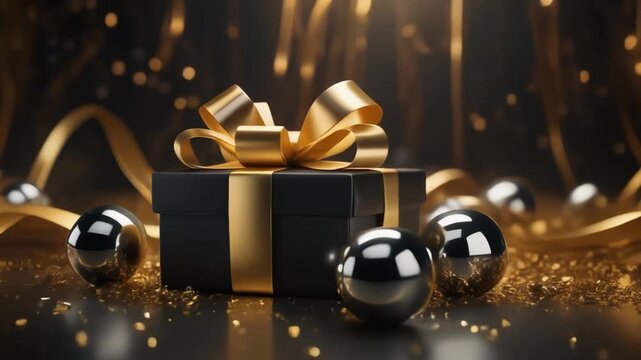 Black and Gold Luxury Gift Box with Metallic Ribbon on Dark Elegant Background for Premium Branding Concept