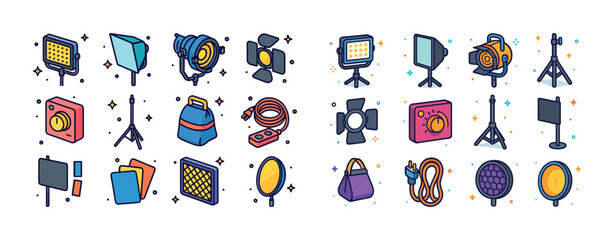 Fototapeta premium Colorful set of cartoon studio lighting and photography equipmen